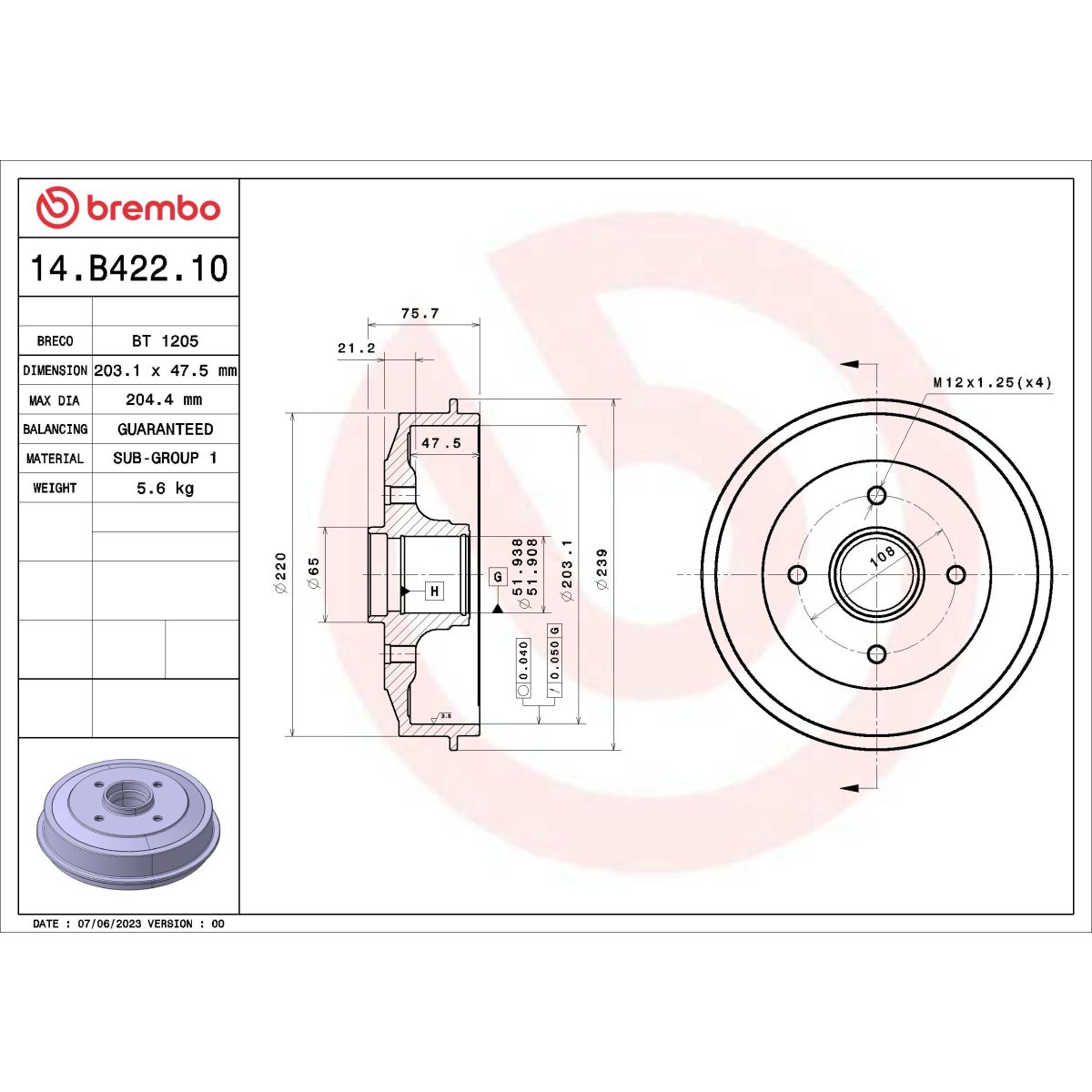 Brembo Bremstrommel 14.B422.10