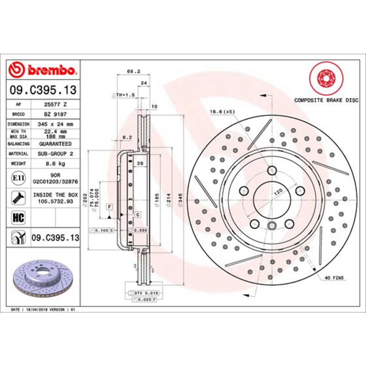 Disco freno BREMBO 09C39513 posteriore, ventilato, fessura, altamente carbonizzato, 1 Pezzo