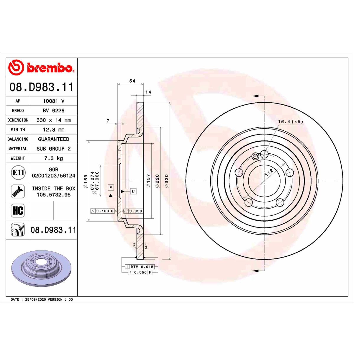 Bremsscheibe BREMBO 08D98311 hinten, voll, hochkarbonisiert, 1 St&uuml;ck