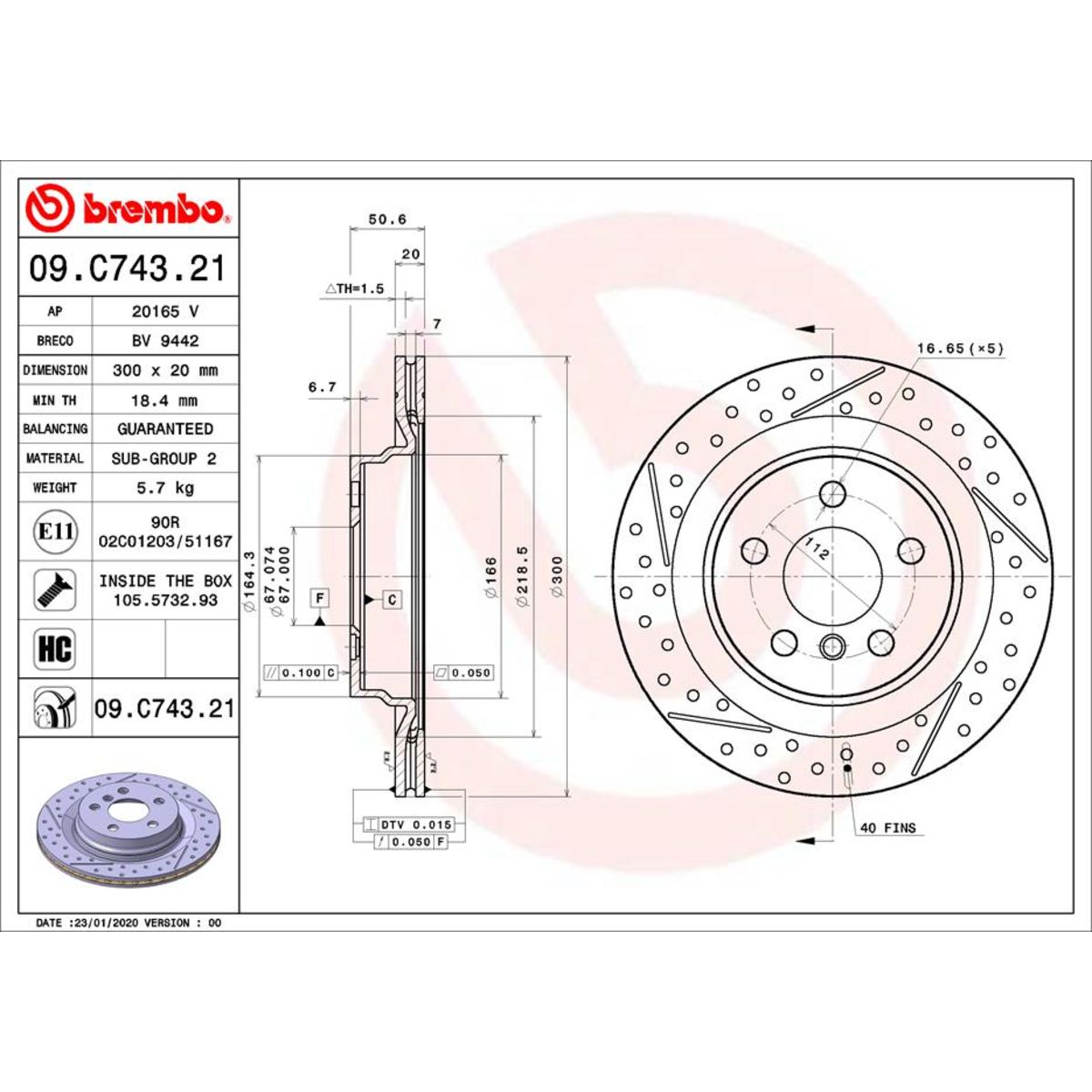 Disco freno BREMBO 09C74321 posteriore, ventilato, fessura, altamente carbonizzato, 1 Pezzo