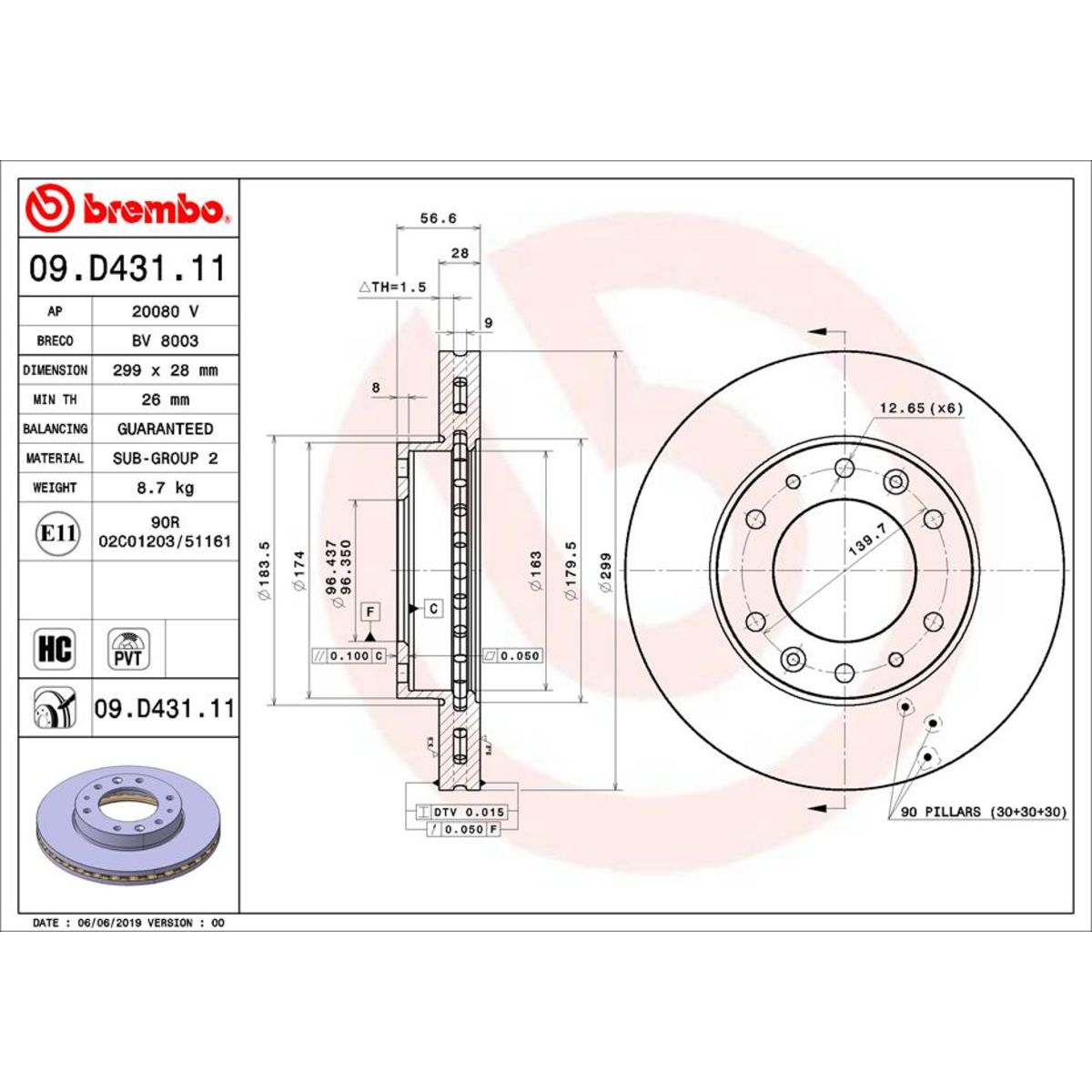 Bremsscheibe BREMBO 09D43111 vorne, bel&uuml;ftet, hochkarbonisiert, 1 St&uuml;ck
