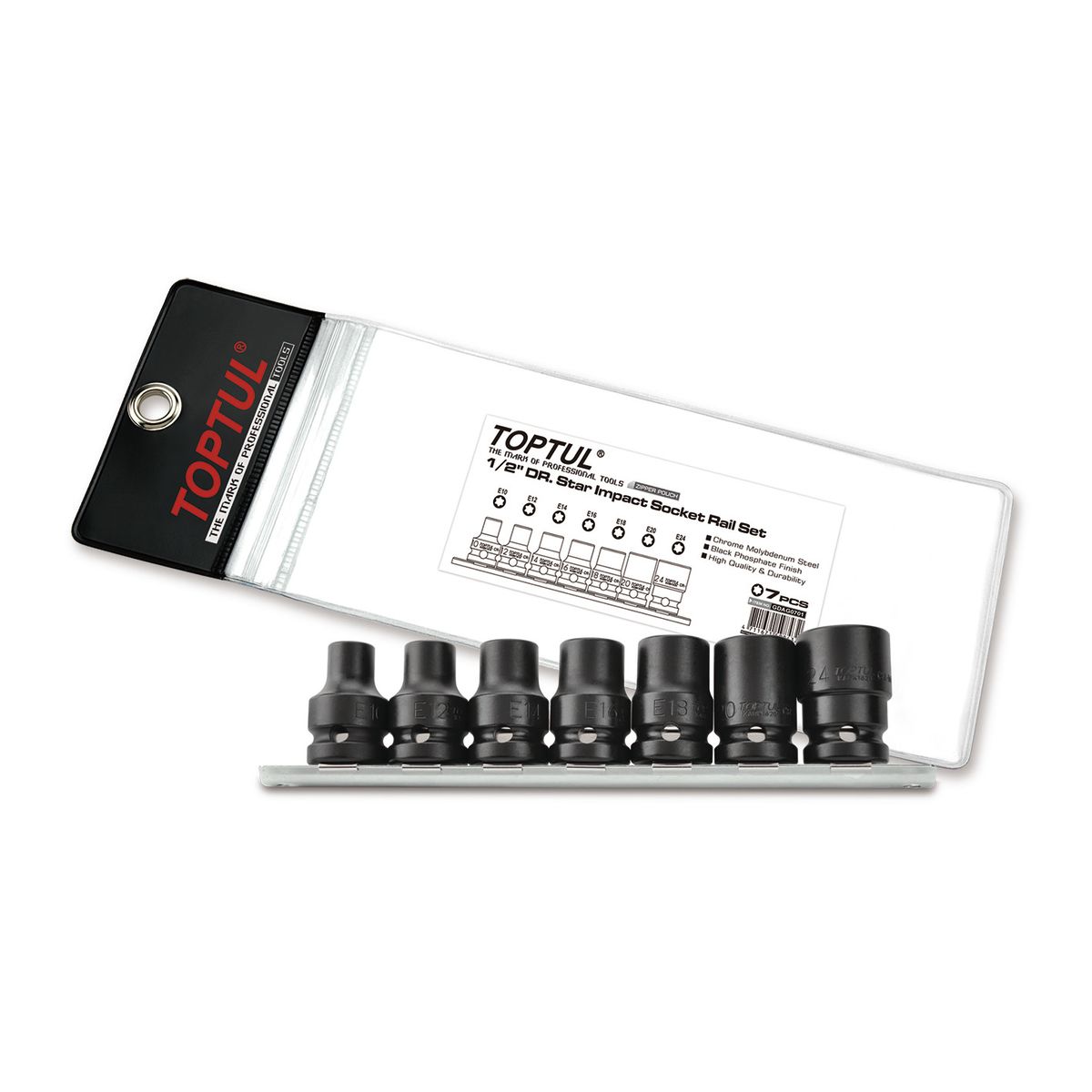 E-Torx Slagmoerdopset Toptul 1/2" 7 StuksE10 E12 E14 E16 E18 E20 E24
