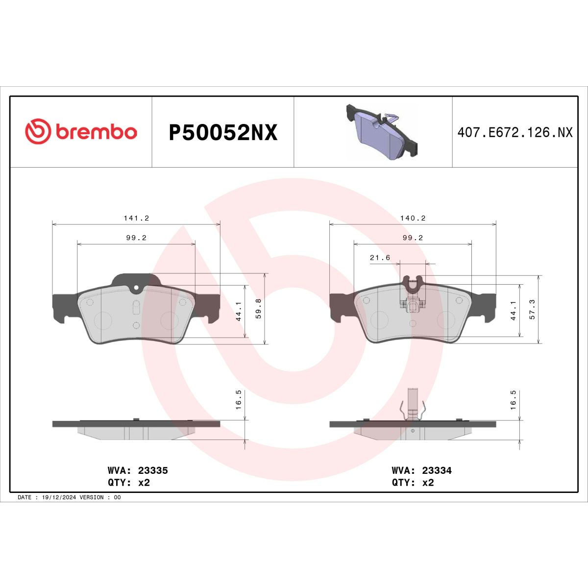 Bremsbelagsatz BREMBO P50052NX