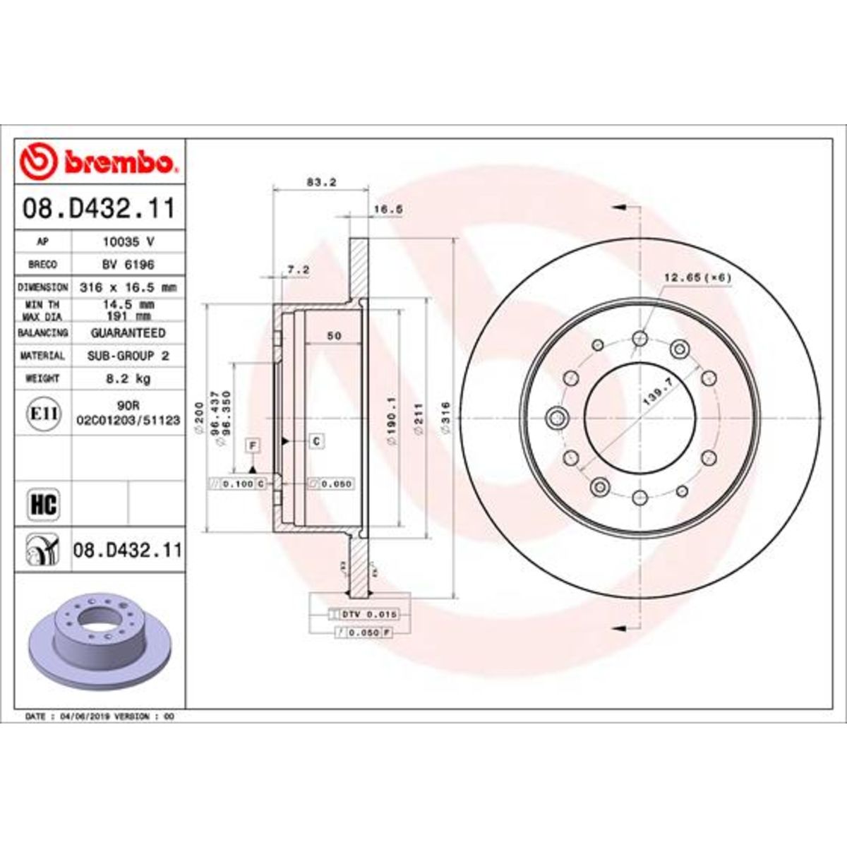 Bremsscheibe BREMBO 08D43211 hinten, voll, hochkarbonisiert, 1 St&uuml;ck