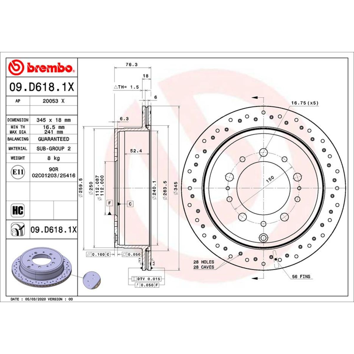 Bremsscheibe BREMBO XTRA LINE BREMBO 09.D618.1X, 1 St&uuml;ck