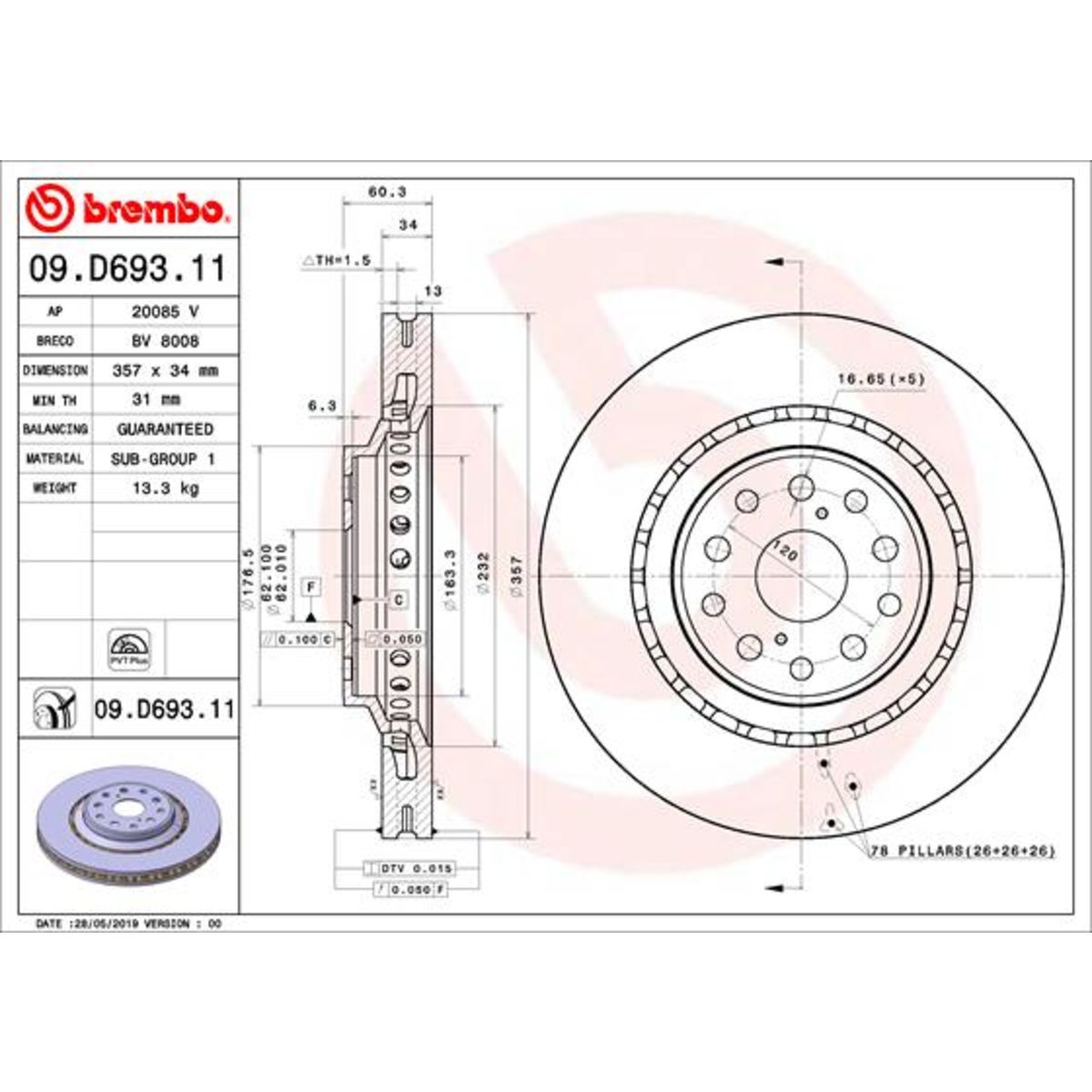 Bremsscheibe BREMBO 09D69311 vorne, bel&uuml;ftet, 1 St&uuml;ck