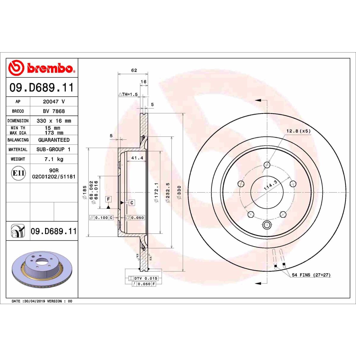 Bremsscheibe BREMBO 09D68911 hinten, bel&uuml;ftet, 1 St&uuml;ck