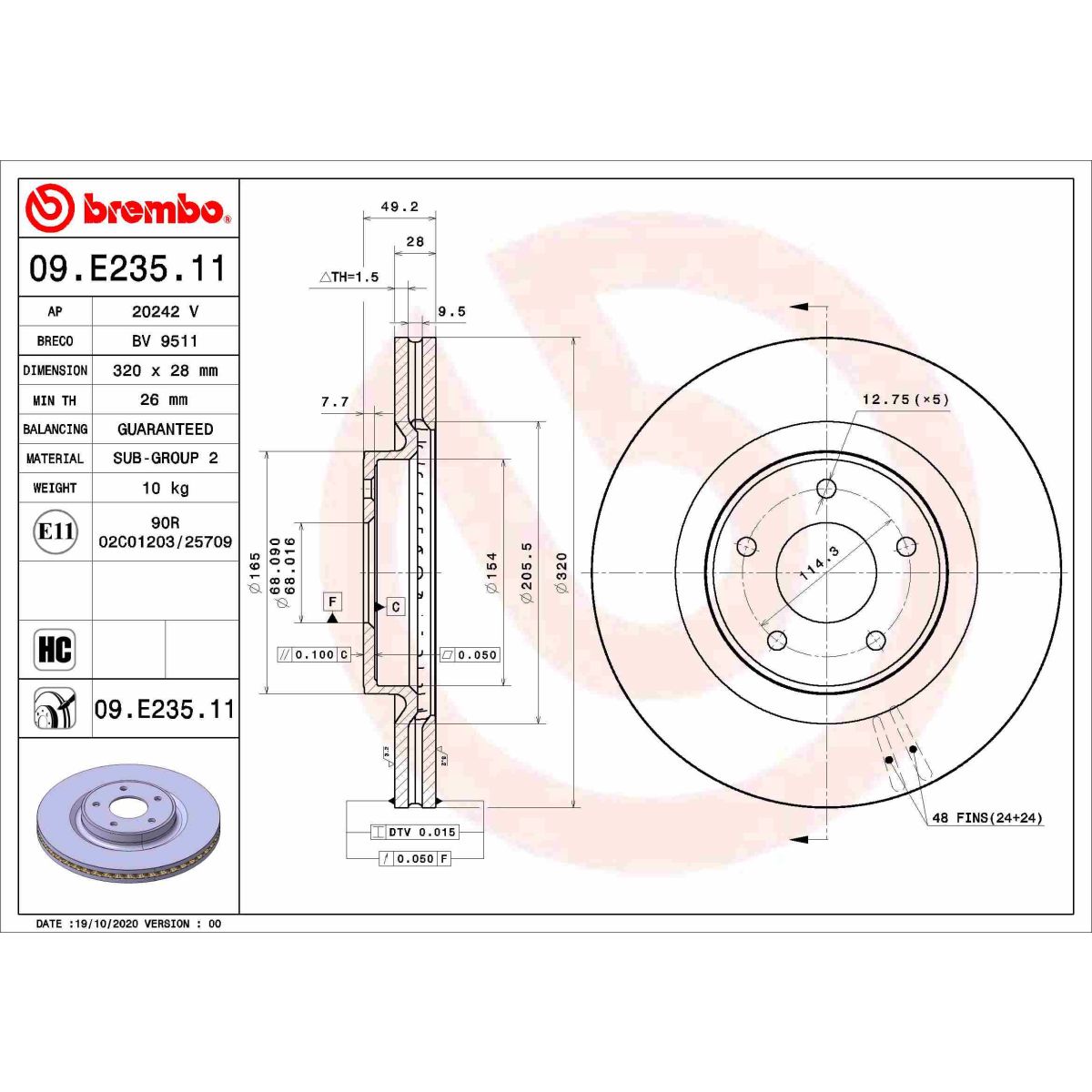 Bremsscheibe BREMBO 09E23511 vorne, bel&uuml;ftet, hochkarbonisiert, 1 St&uuml;ck