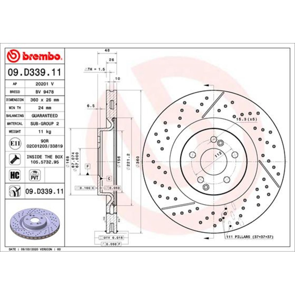 Disco freno BREMBO 09D33911 posteriore, ventilato, fessura, altamente carbonizzato, 1 Pezzo