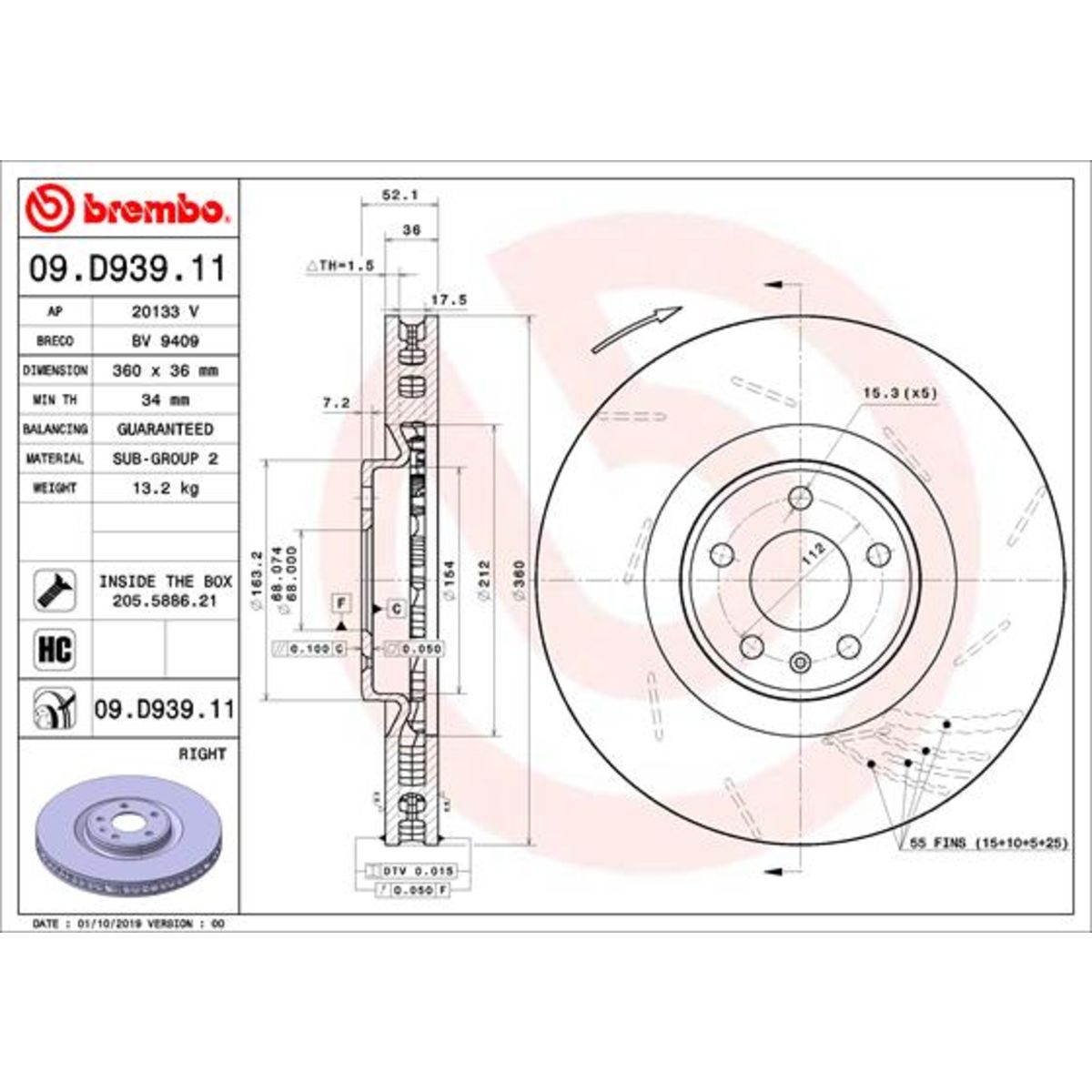 Disco freno BREMBO 09D93911 anteriore, ventilato, fessura, altamente carbonizzato, 1 Pezzo