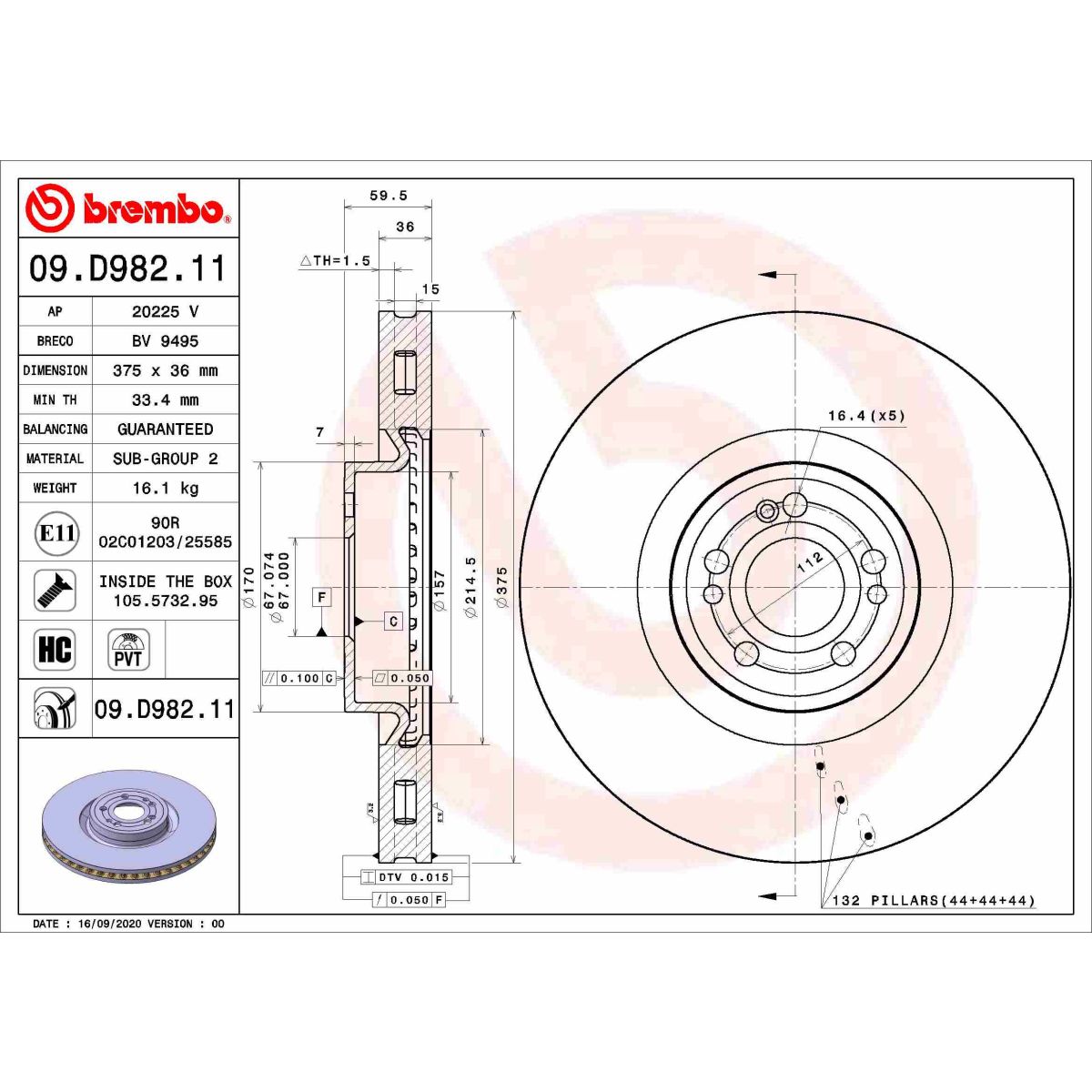 Bremsscheibe BREMBO 09D98211 vorne, bel&uuml;ftet, hochkarbonisiert, 1 St&uuml;ck