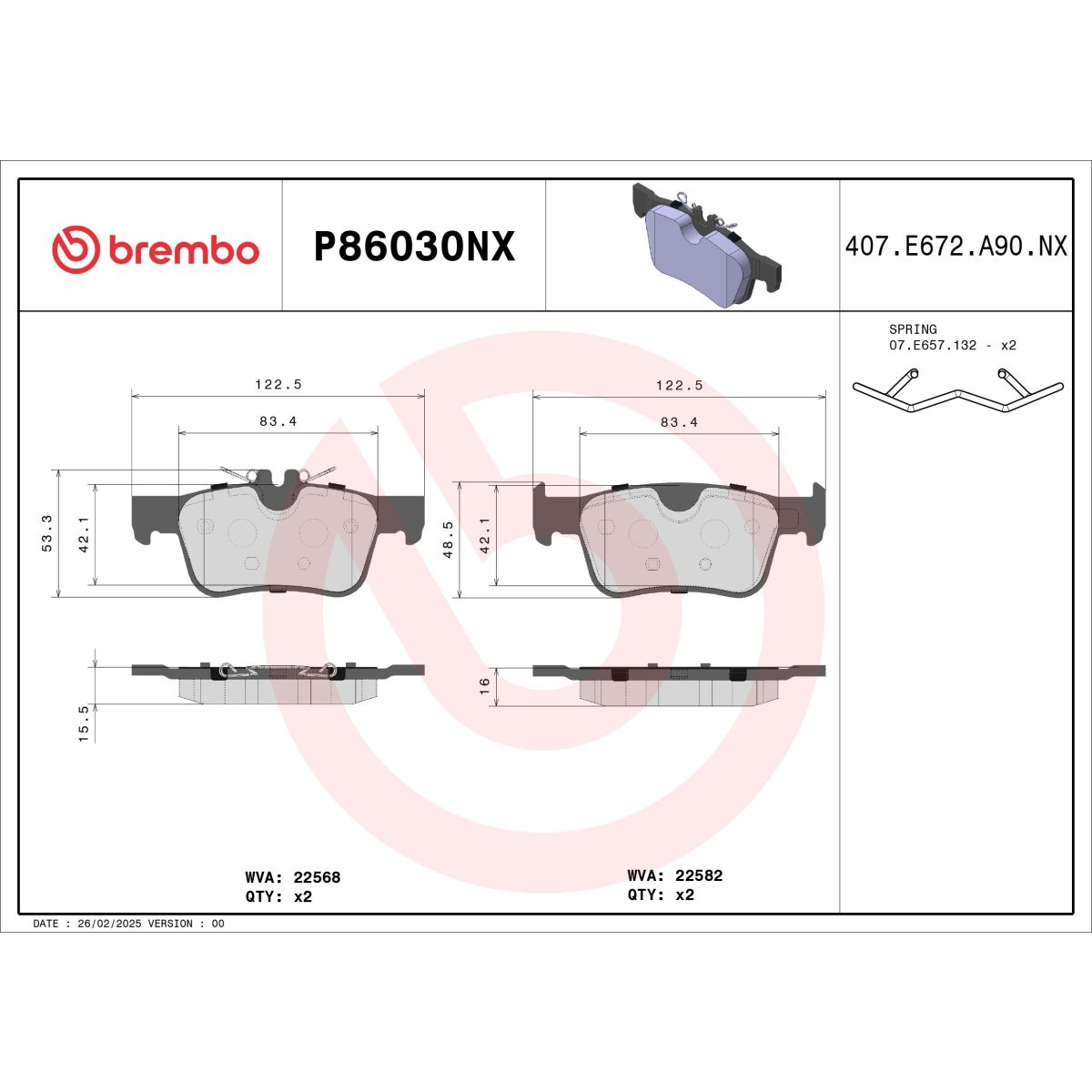 Bremsbelagsatz BREMBO P86030NX