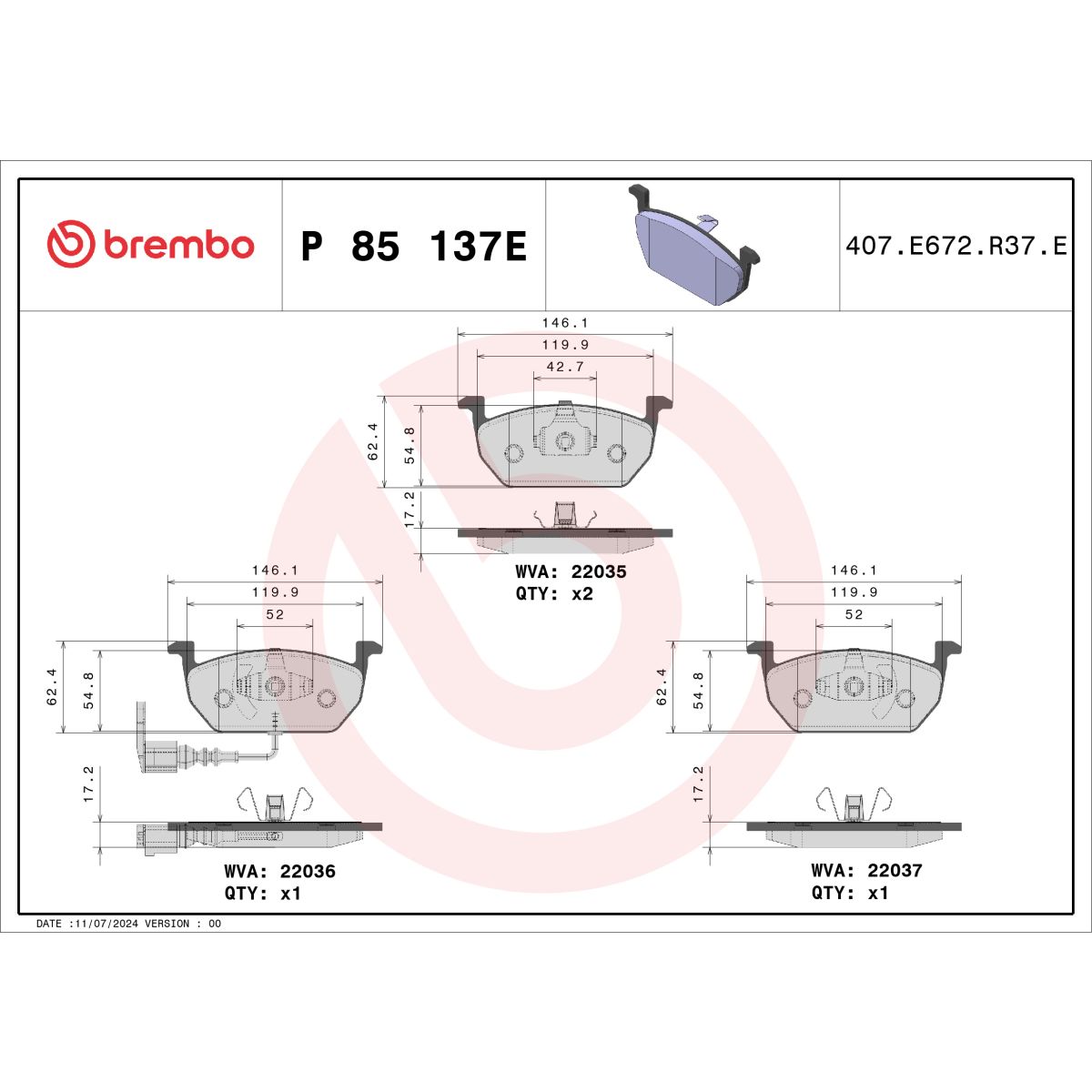 Bremsbelagsatz BREMBO P 85 137E