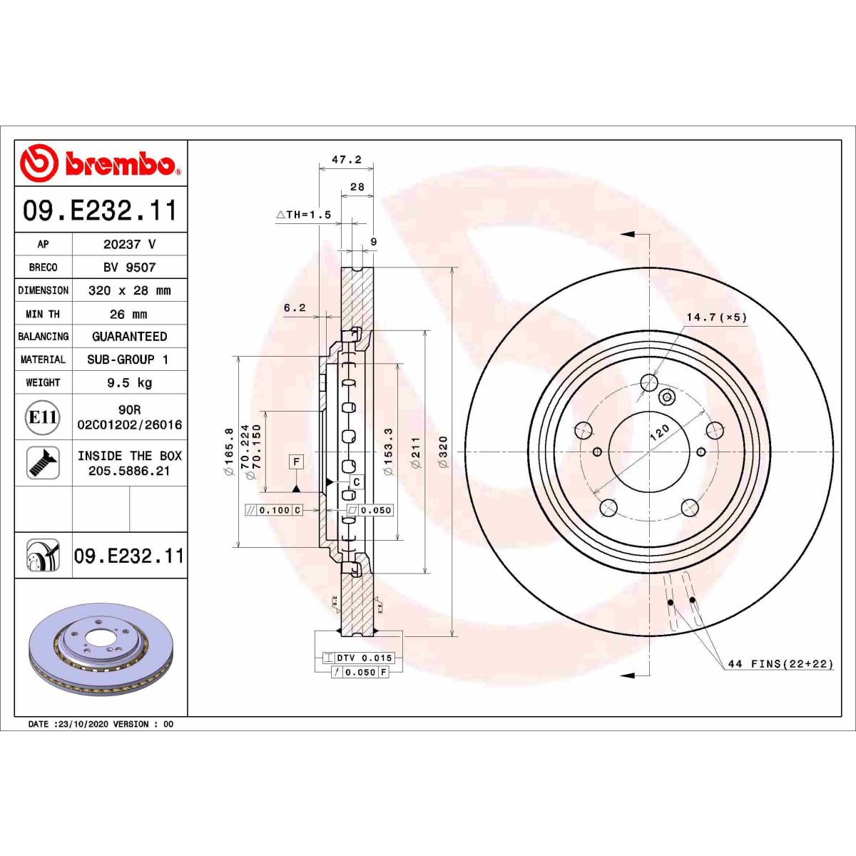 Bremsscheibe BREMBO 09E23211 vorne, bel&uuml;ftet, 1 St&uuml;ck
