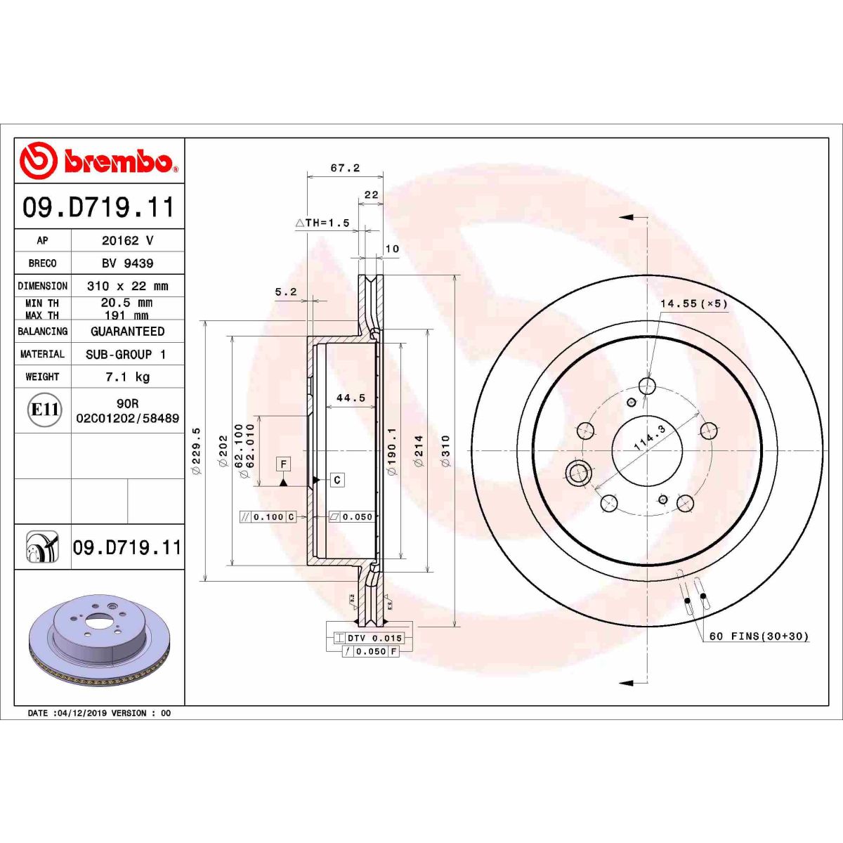 Bremsscheibe BREMBO 09D71911 hinten, bel&uuml;ftet, 1 St&uuml;ck