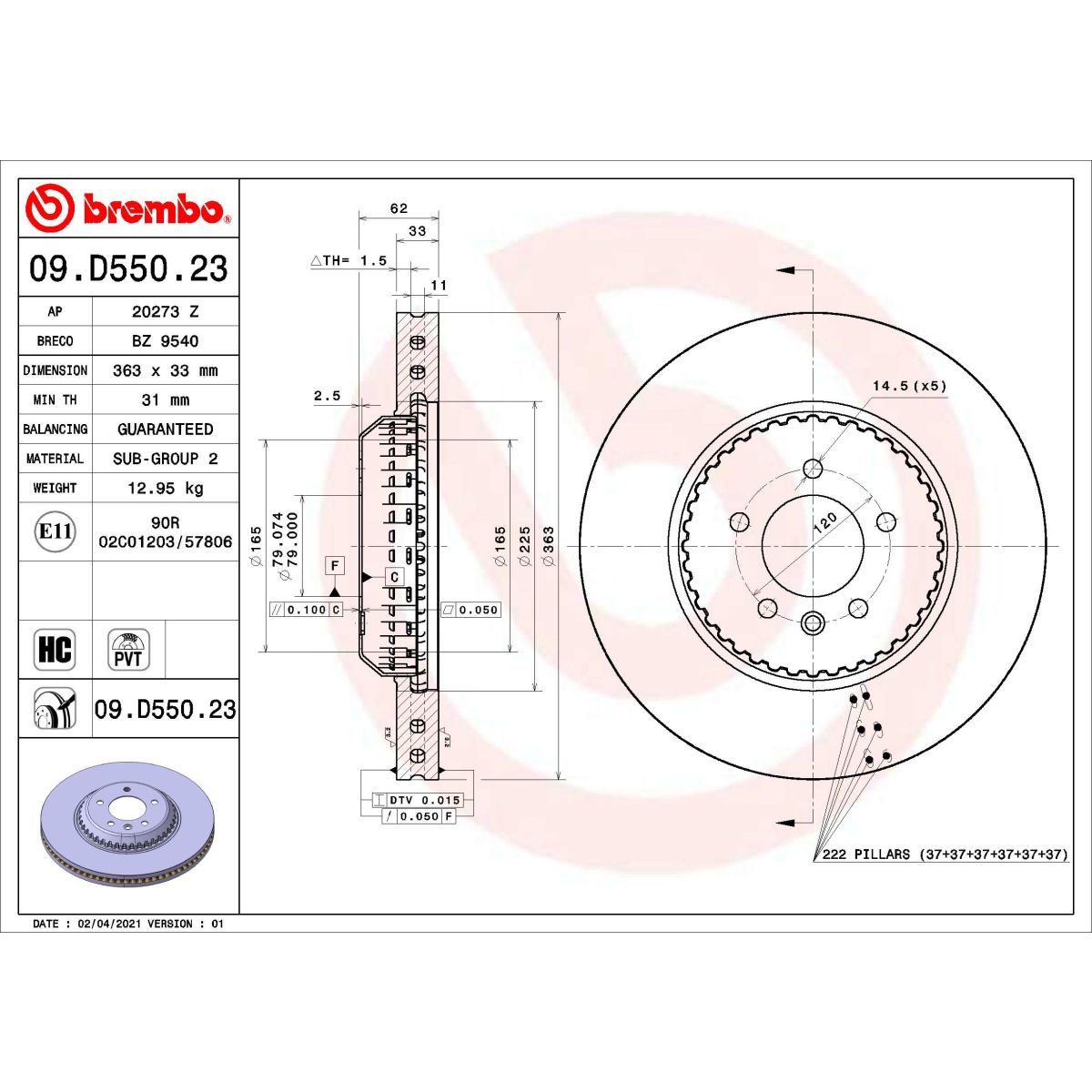Bremsscheibe BREMBO 09D55023 vorne, bel&uuml;ftet, hochkarbonisiert, 1 St&uuml;ck