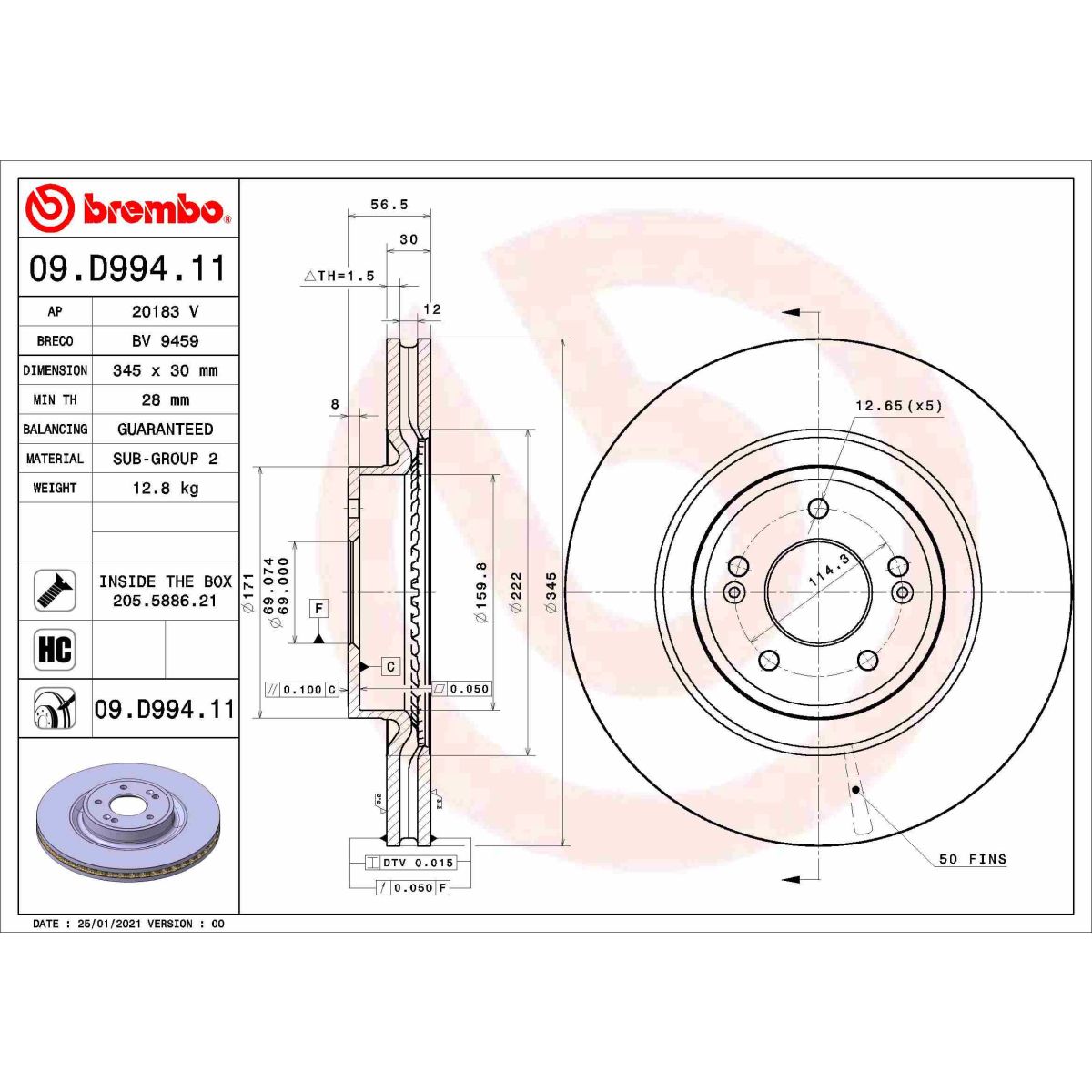 Bremsscheibe BREMBO 09.D994.11 vorne, bel&uuml;ftet, hochkarbonisiert, 1 St&uuml;ck