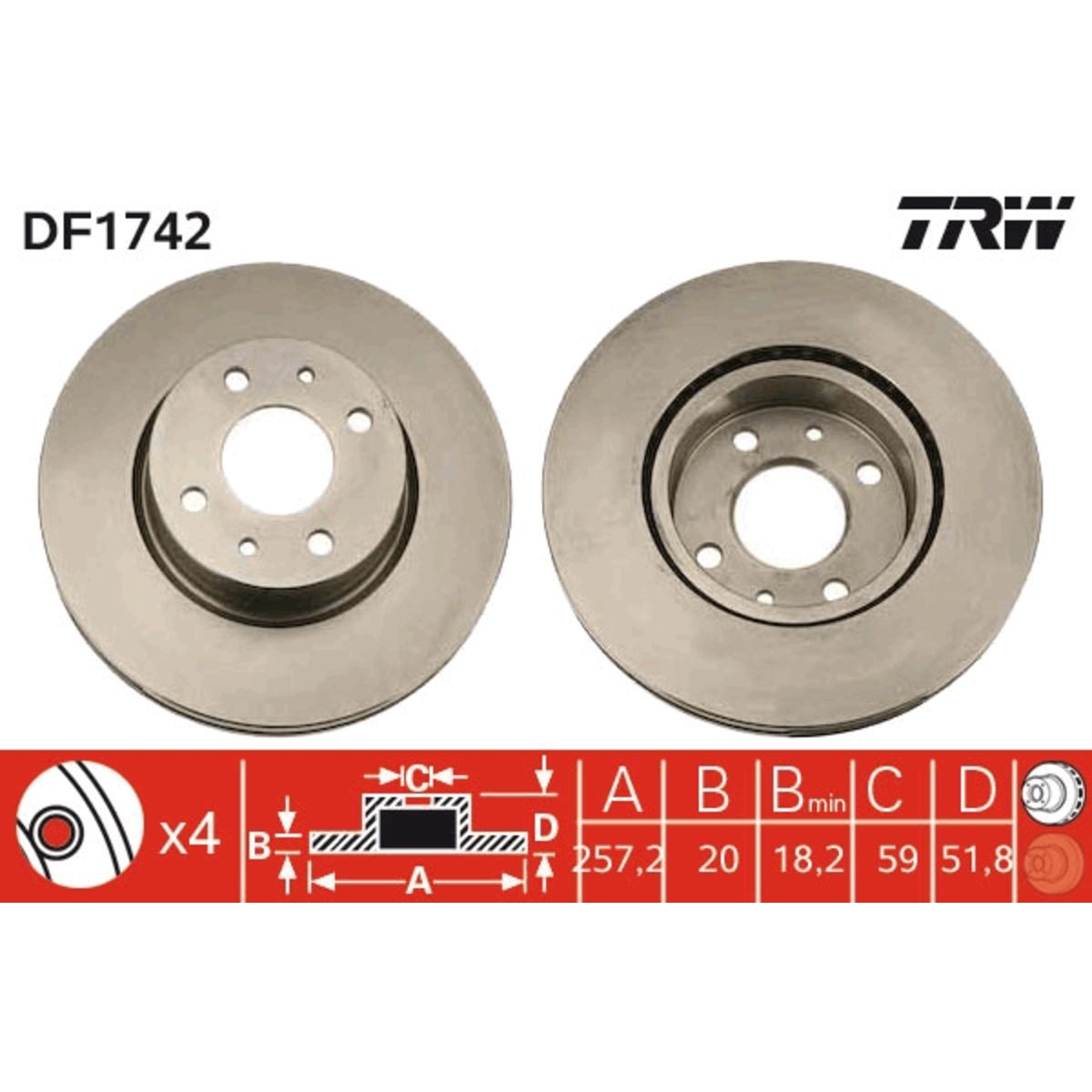Bremsscheibe TRW DF1742 vorne, bel&uuml;ftet, 1 St&uuml;ck