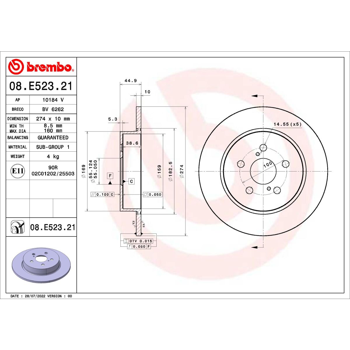 Brembo Remschijf  08.E523.21
