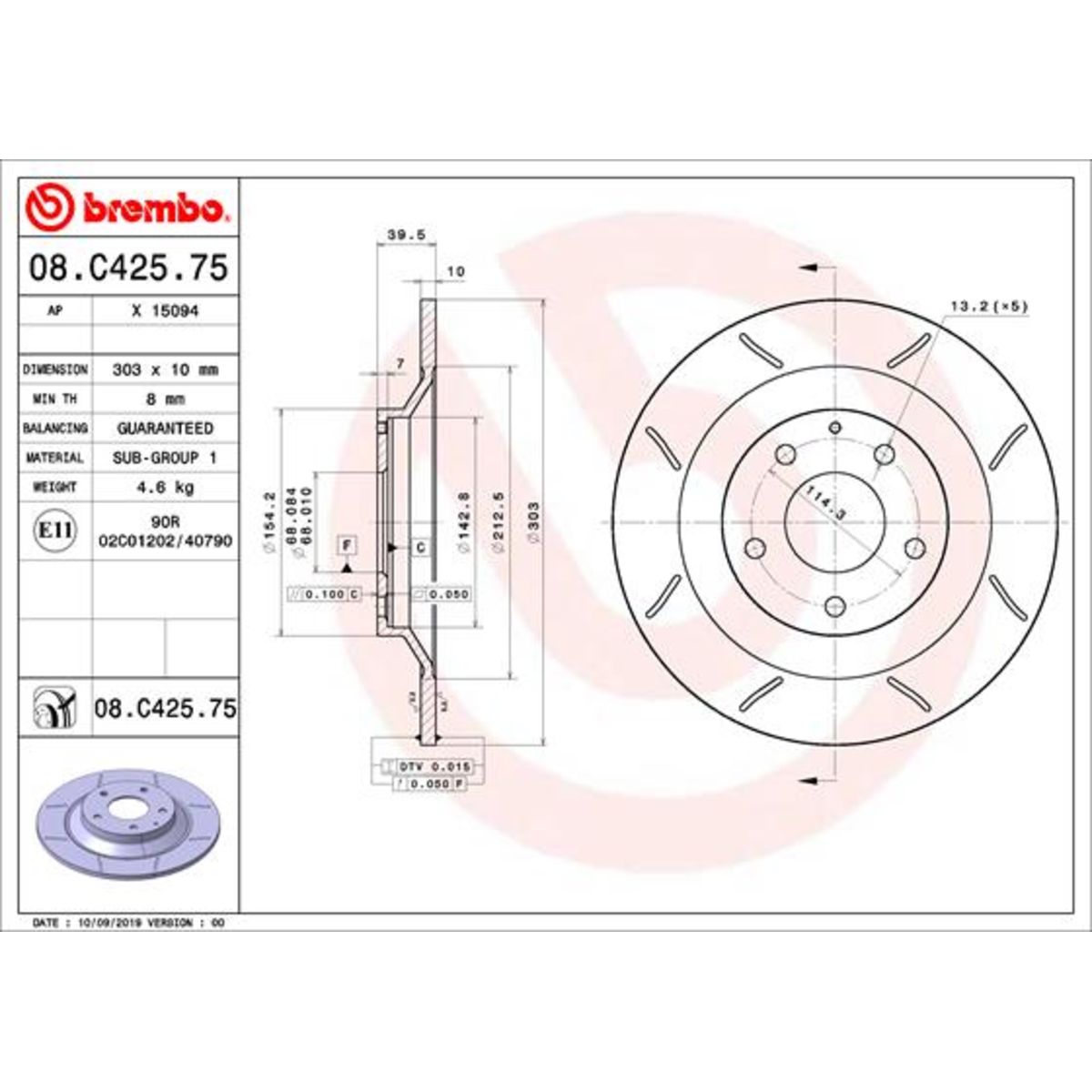 Disco freno BREMBO 08C42575 posteriore, fessura, pieno, 1 Pezzo
