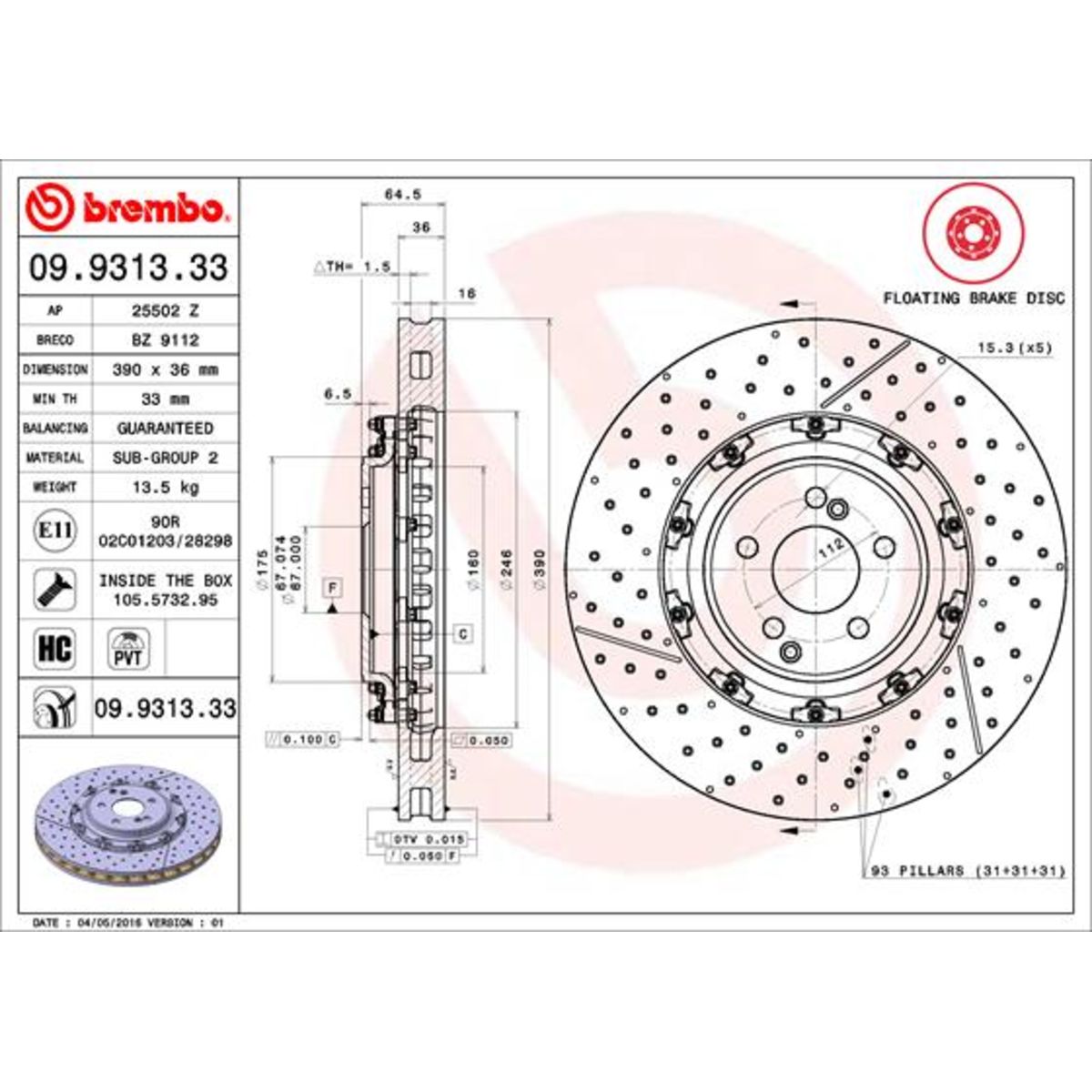 Disco freno BREMBO 9931333 anteriore, ventilato, fessura, altamente carbonizzato, 1 Pezzo