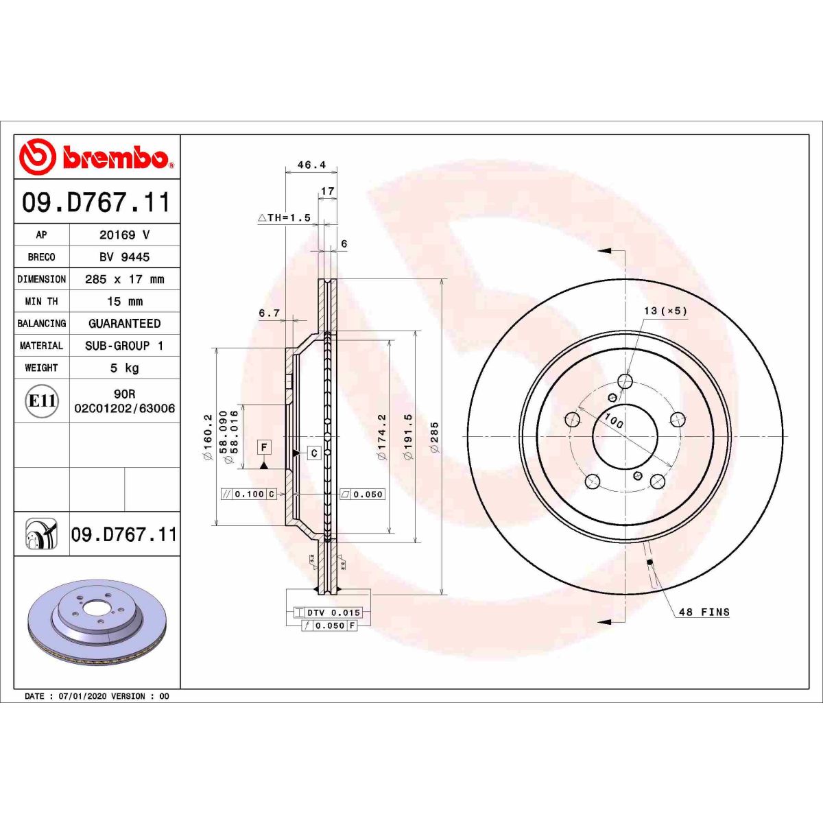 Bremsscheibe BREMBO 09.D767.11 hinten, bel&uuml;ftet, 1 St&uuml;ck