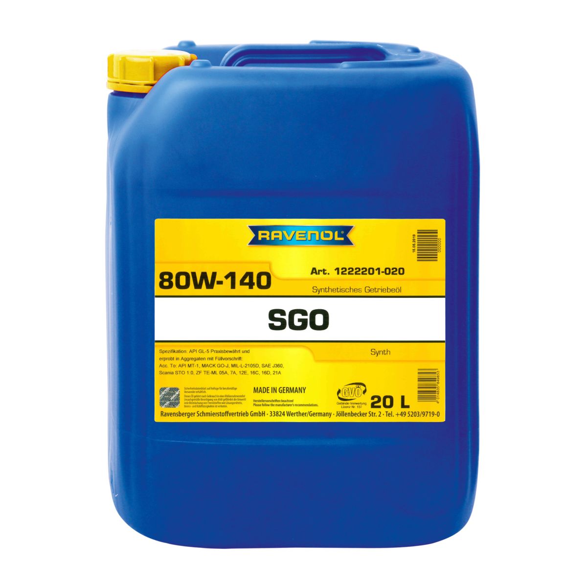 Huile de transmission RAVENOL 1222201 SGO 80W140 GL-5 20L
