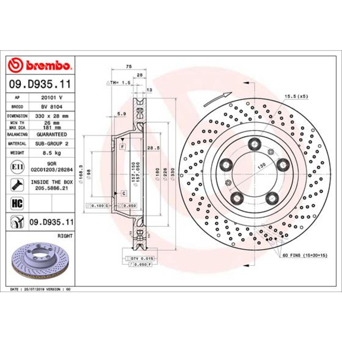 Bremsscheibe BREMBO 09D93511 hinten, bel&uuml;ftet, hochkarbonisiert, 1 St&uuml;ck