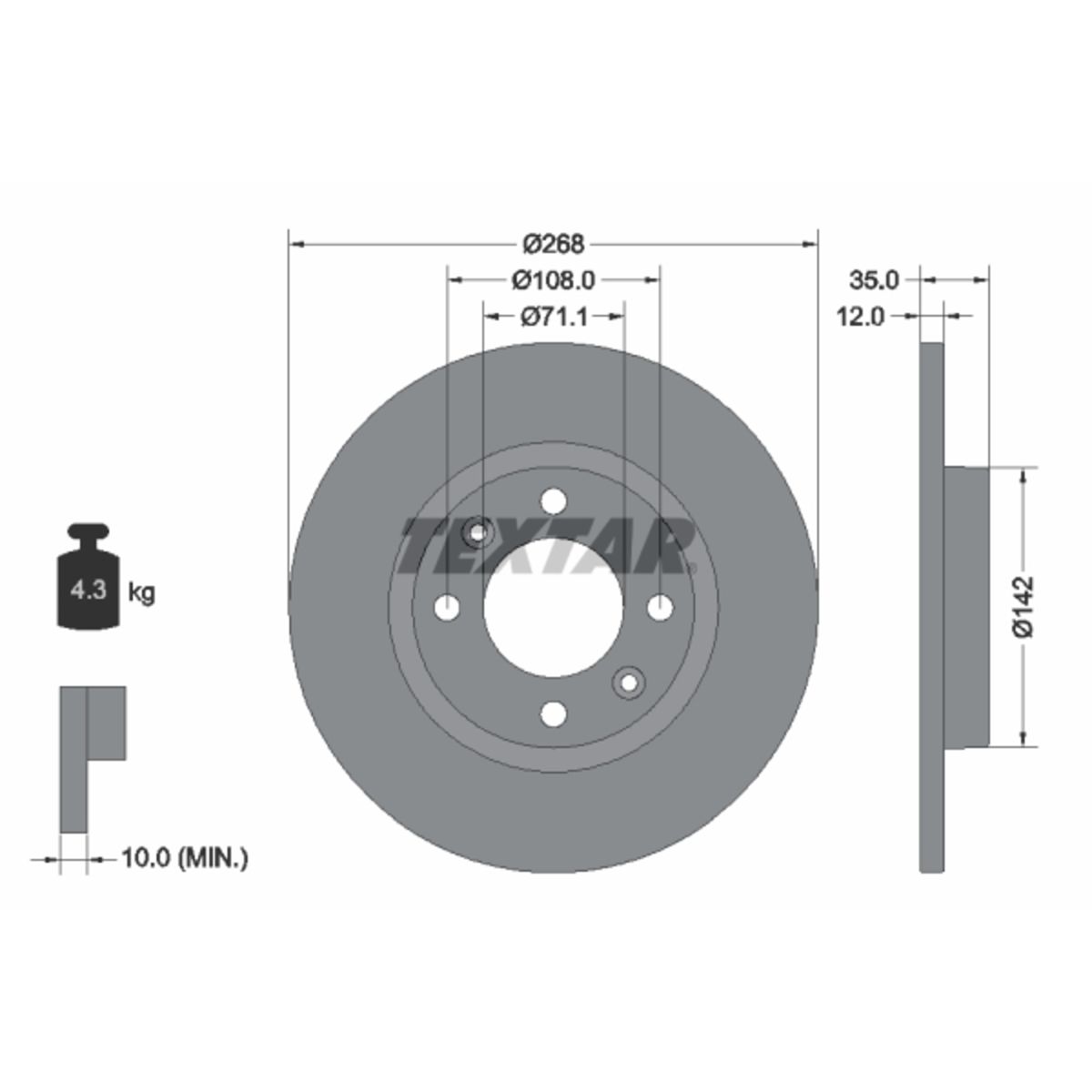 Textar Disque De Frein 92325903 Arrière, Plein, 1 Pièce