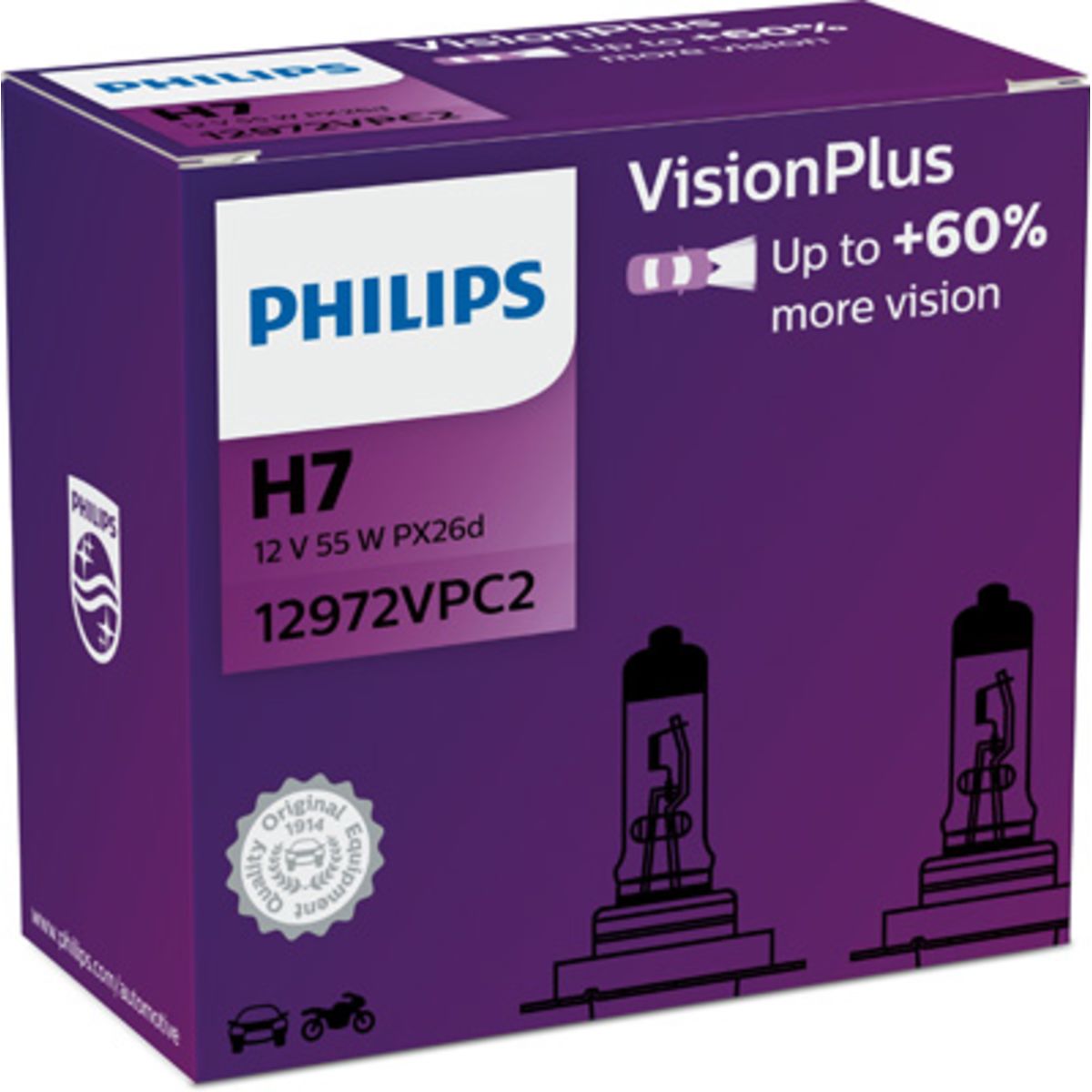 Ampoule halogène PHILIPS H7 VisionPlus Plus 60% 12V/55W, 2 pièce