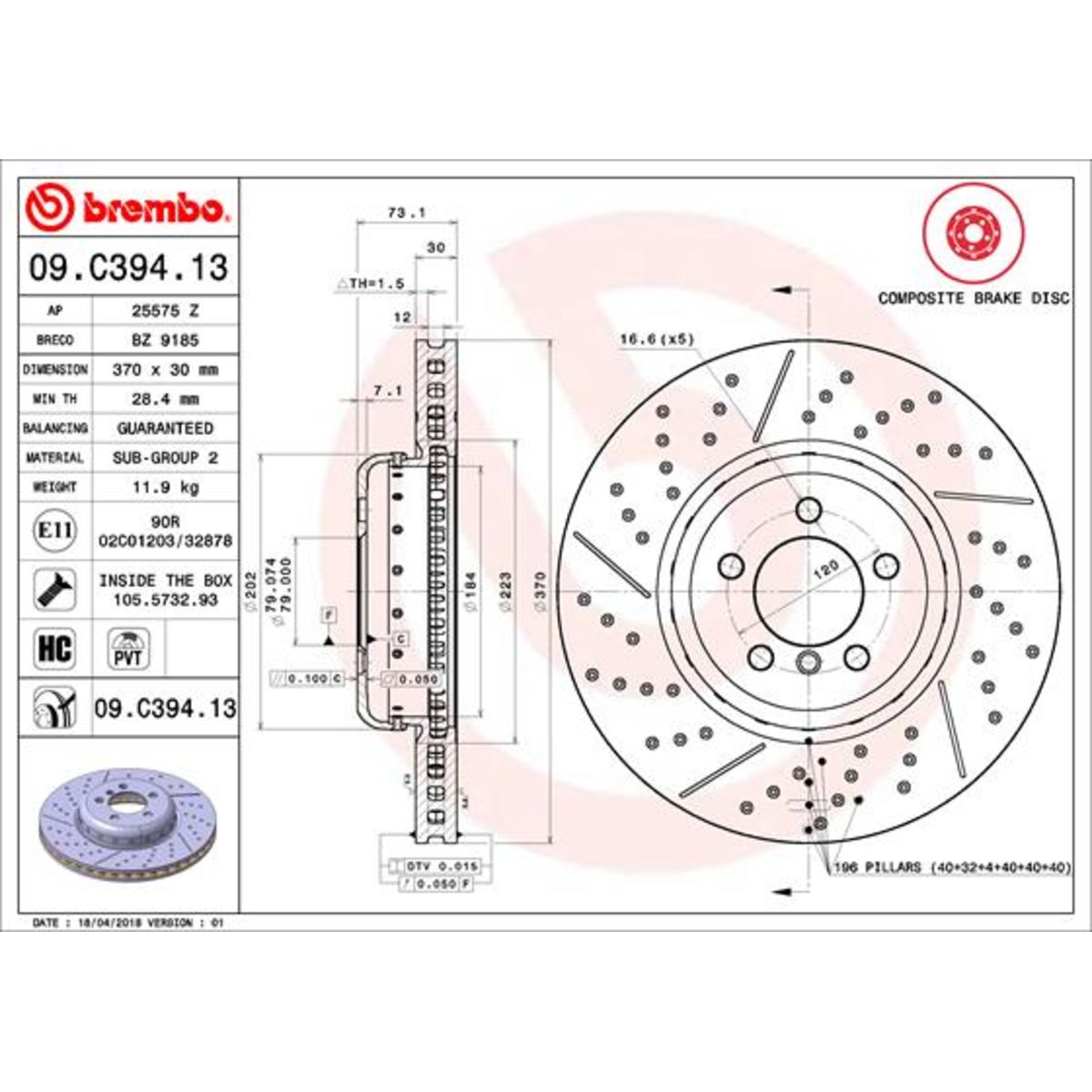 Disco freno BREMBO 09C39413 anteriore, ventilato, fessura, altamente carbonizzato, 1 Pezzo