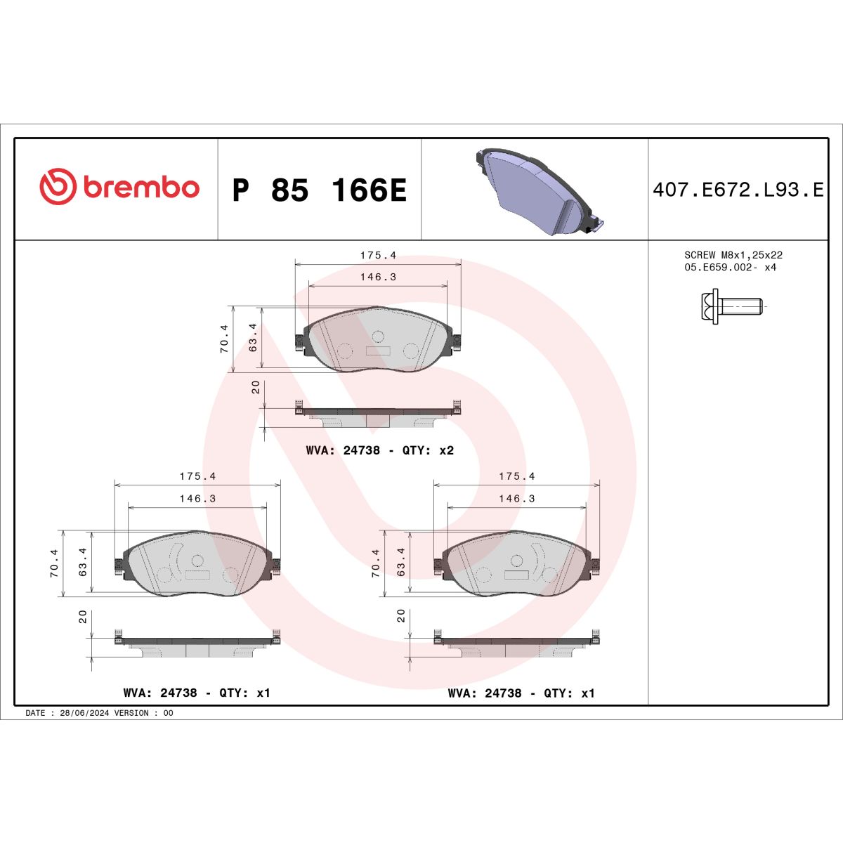 Bremsbelagsatz BREMBO P 85 166E