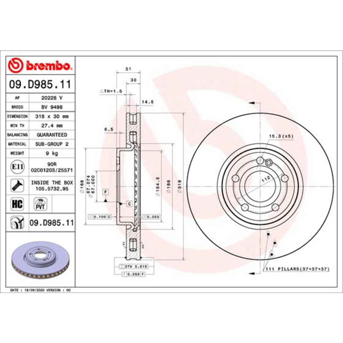 Bremsscheibe BREMBO 09D98511 vorne, bel&uuml;ftet, hochkarbonisiert, 1 St&uuml;ck