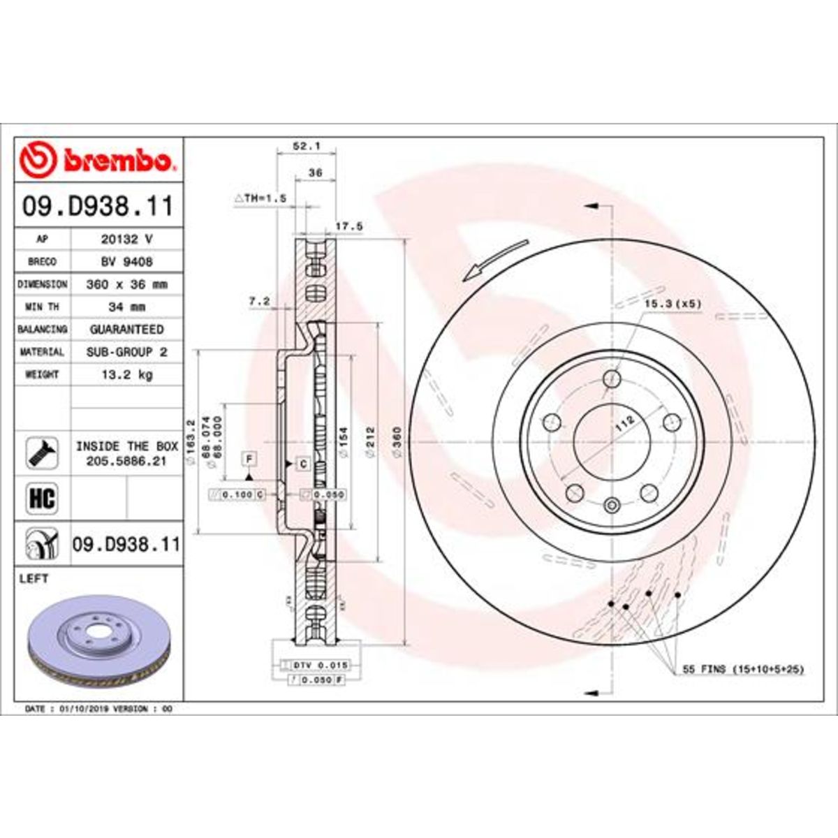 Disco freno BREMBO 09D93811 anteriore, ventilato, fessura, altamente carbonizzato, 1 Pezzo