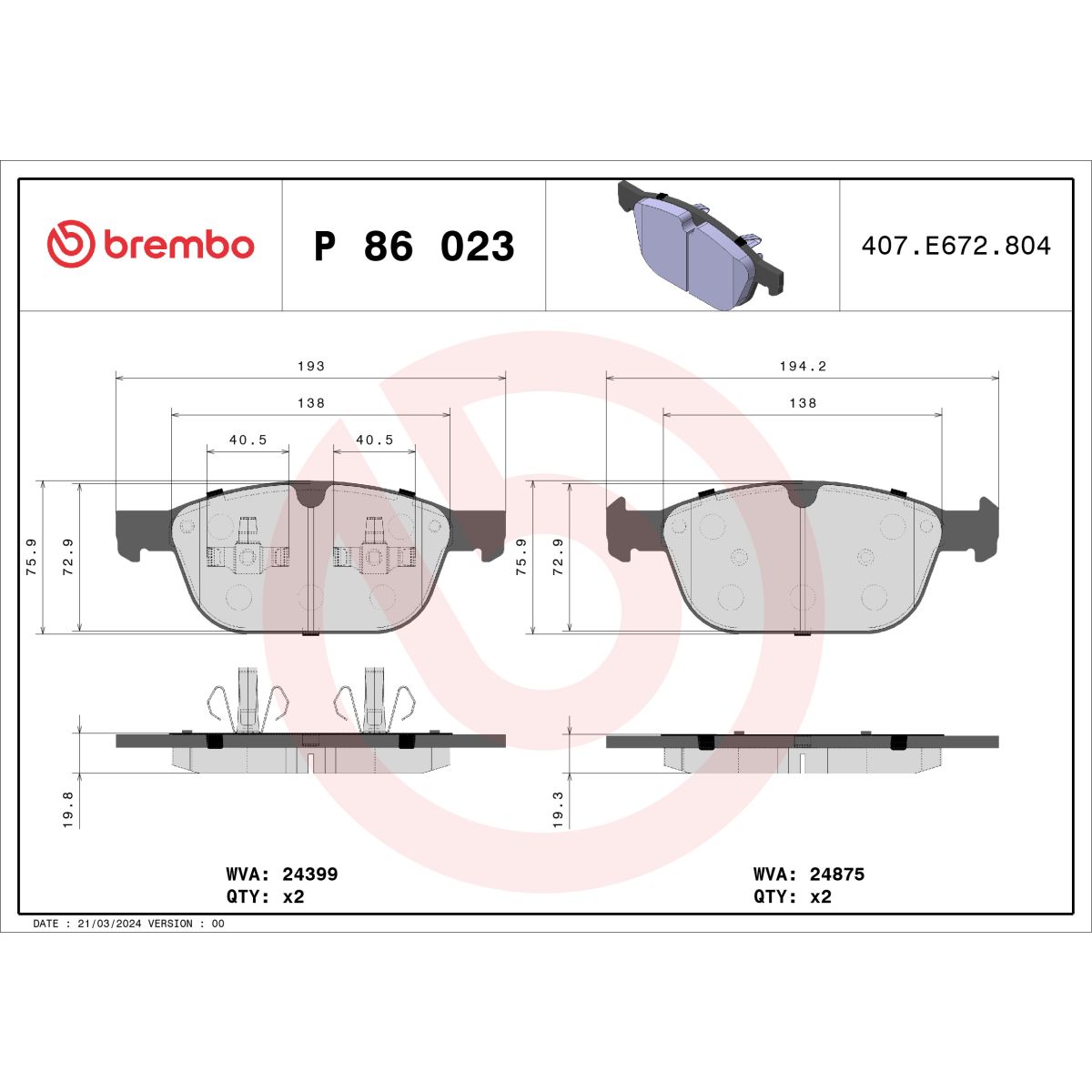 Brembo Set Di Pastiglie Freno P 86 023, Anteriore