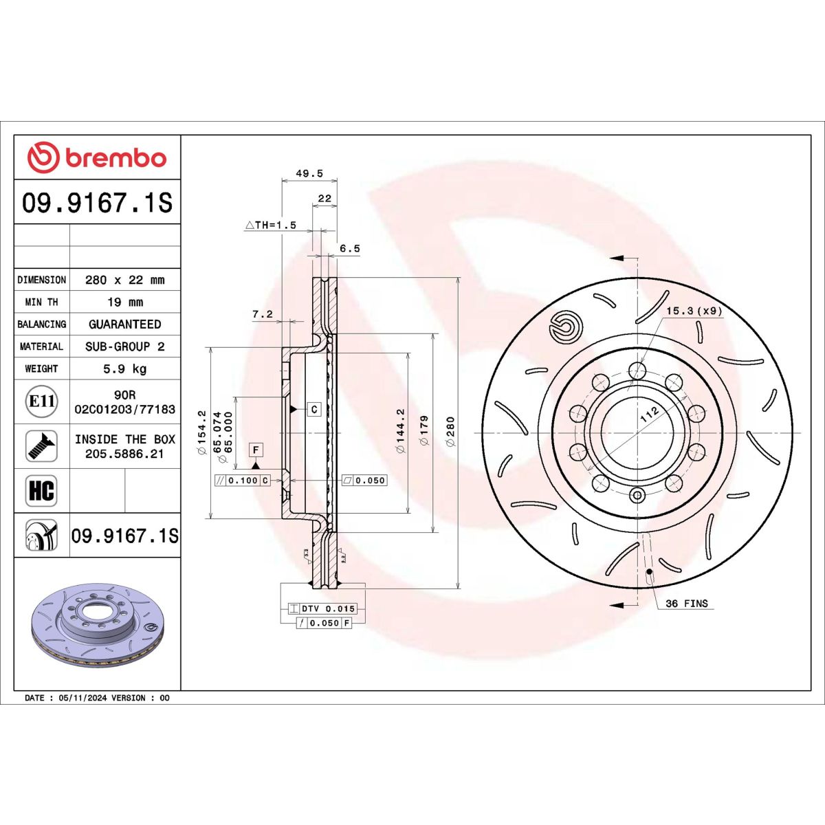 Brembo Disco De Freno 09.9167.1S, 1 Pieza