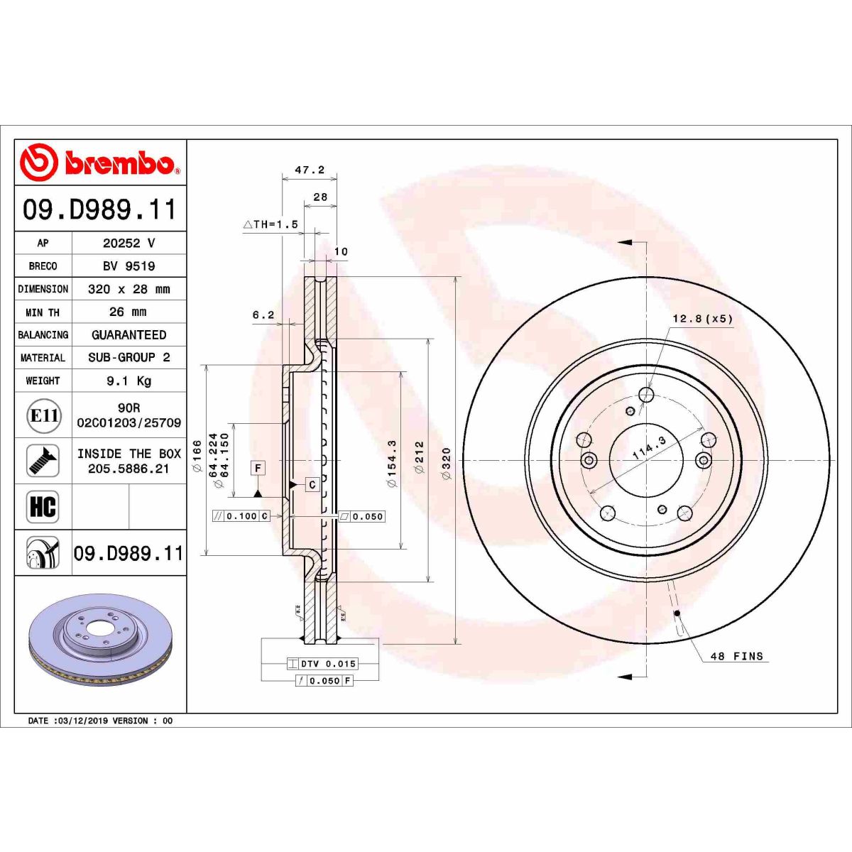 Bremsscheibe BREMBO 09.D989.11 vorne, bel&uuml;ftet, hochkarbonisiert, 1 St&uuml;ck