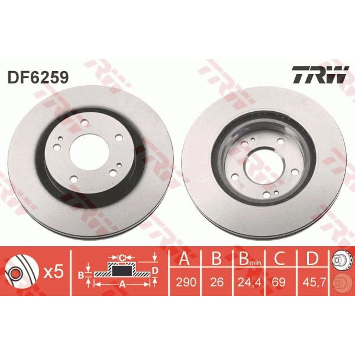 Remschijf TRW DF6259 voorkant, geventileerd, 1 Stuk
