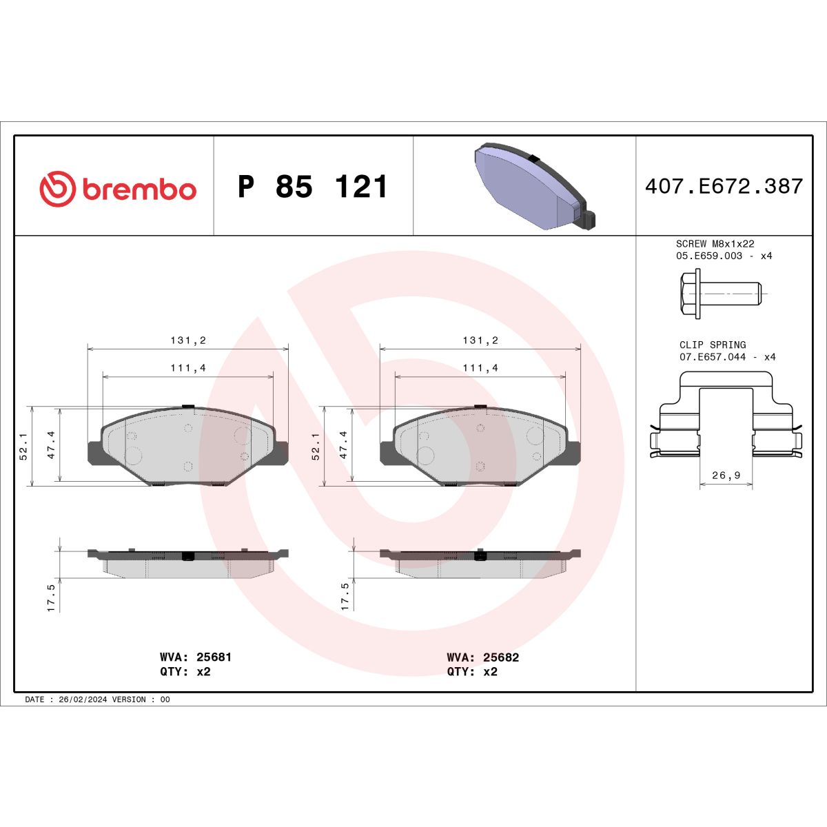 Jeu de plaquettes de frein BREMBO P 85 121X