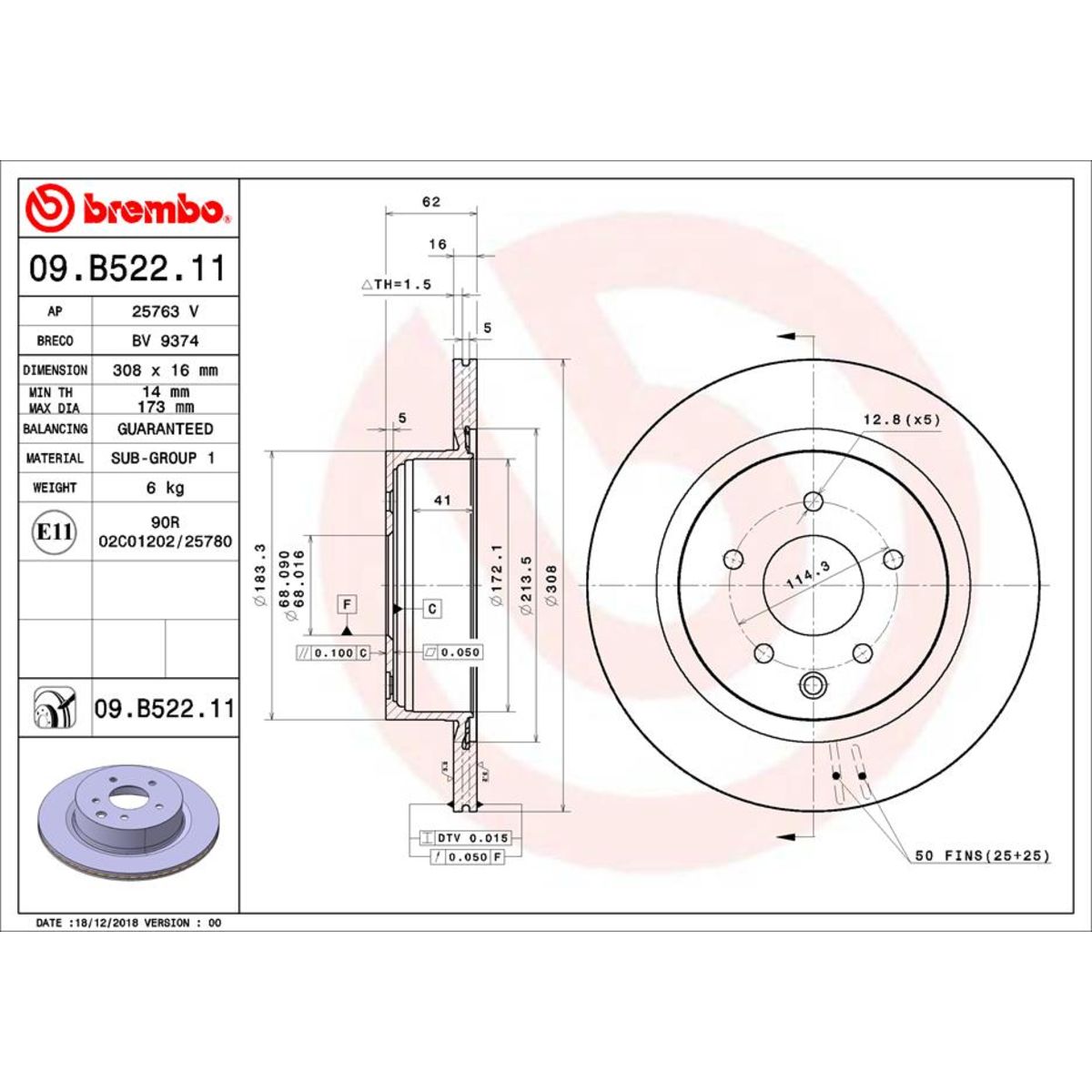 Bremsscheibe BREMBO 09B52211 hinten, bel&uuml;ftet, 1 St&uuml;ck