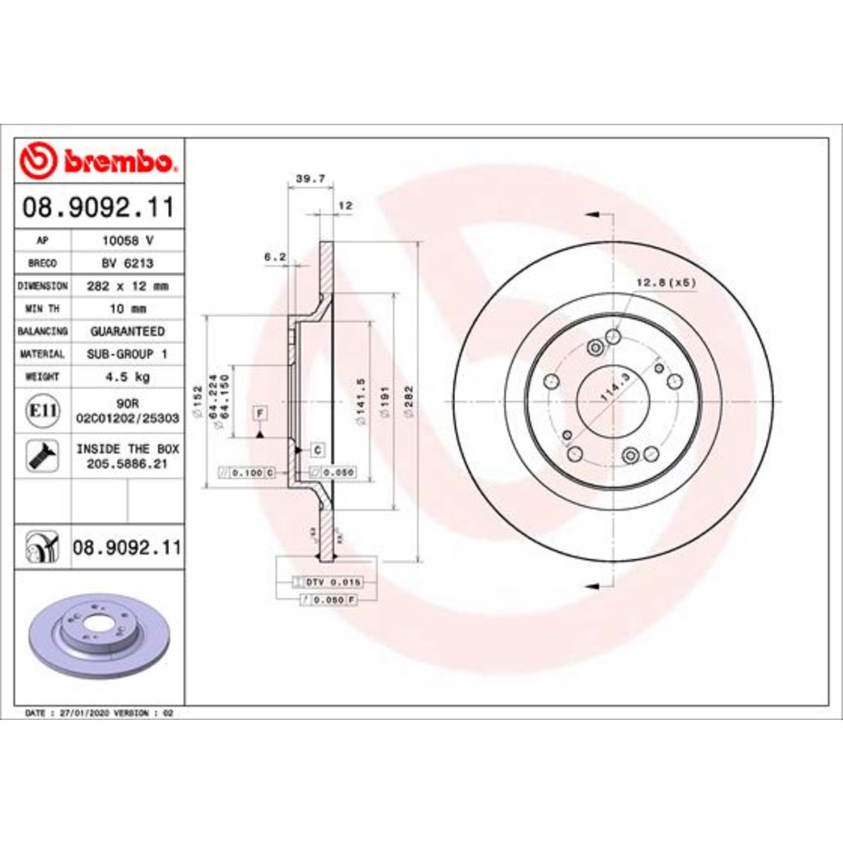 Bremsscheibe BREMBO 8909211 hinten, voll, 1 St&uuml;ck
