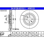 Disco de freno ATE 24.0128-0315.1 frente, ventilado, altamente carbonizado, 1 pieza