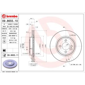 Remschijf BREMBO 9865511 voorkant, geventileerd, sterk gecarboniseerd, 1 Stuk