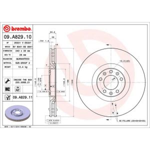 Remschijf BREMBO 09A82911 voorkant, geventileerd, sterk gecarboniseerd, 1 Stuk