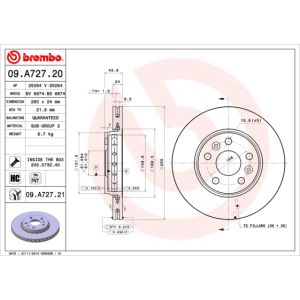 Jarrulevy BREMBO 09A72721 edessä, tuuletettu, erittäin hiilihappoinen, 1 kpl