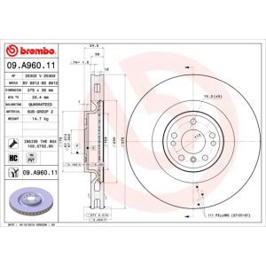 Disco de freno BREMBO 09A96011 vorne, ventilado , altamente carbonizado, 1 Pieza