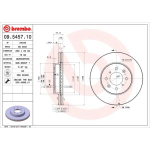 Disque de frein BREMBO 09.5457.10, avant, ventilé , 1 pièce