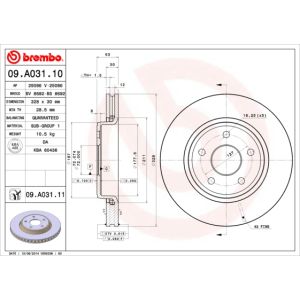 Jarrulevy BREMBO 09A03111 edessä, tuuletettu, 1 Kappale