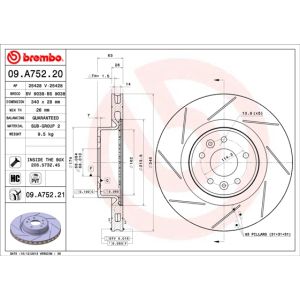 Remschijf BREMBO 09A75221 voorkant, geventileerd, sleuf, sterk gecarboniseerd, 1 Stuk