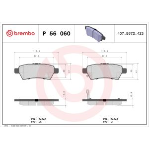 Kit de plaquettes de frein, frein à disque BREMBO P 56 060, Arrière